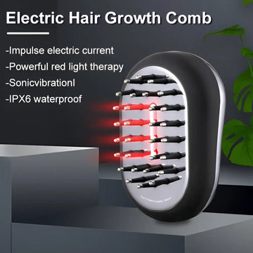 Black and silver electric hair care growth comb with red light therapy leds for enhanced scalp stimulation