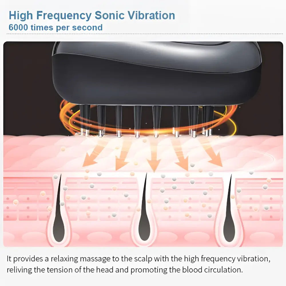 Black high-frequency sonic vibration growth comb with metallic bristles for red light therapy hair care growth