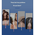 The red light hair care growth comb features four panels showing common hair loss issues like greasy hair and widening parts