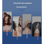 The red light hair care growth comb features four panels showing common hair loss issues like greasy hair and widening parts