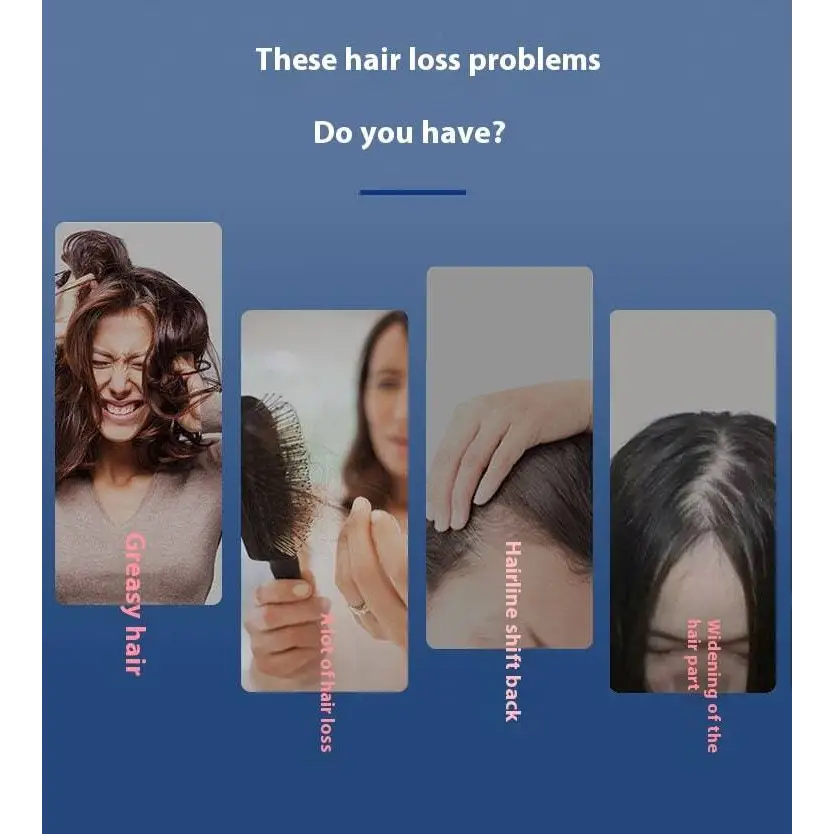 The red light hair care growth comb features four panels showing common hair loss issues like greasy hair and widening parts