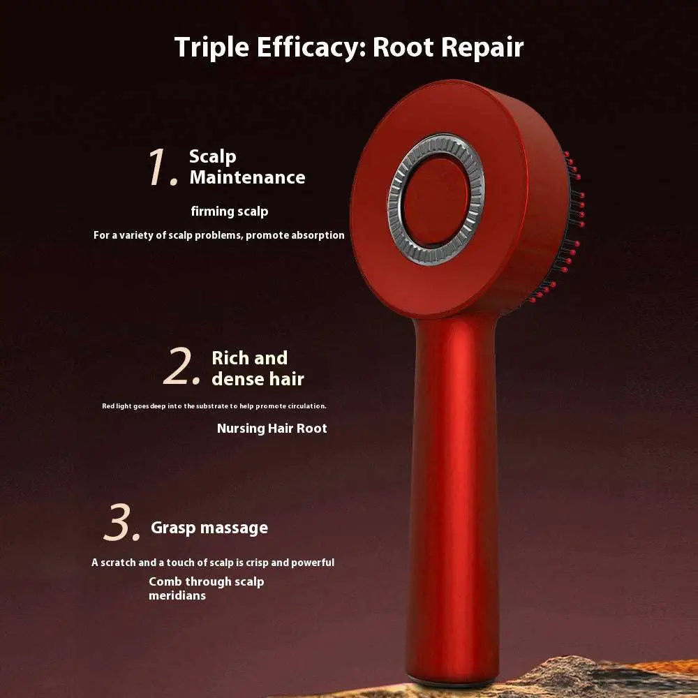 Red light scalp care massage device with a red handheld circular head featuring silver trim and soft bristles for hair growth