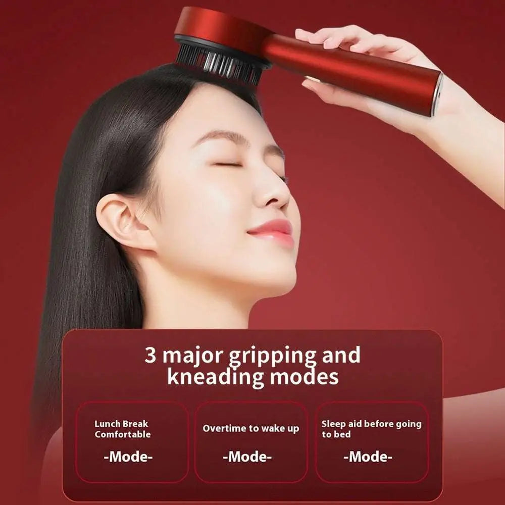 Red handheld scalp care massage device with black bristles for massage activating hair growth and red light scalp therapy