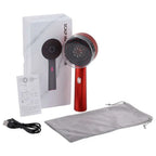 Red handheld scalp care massage device with circular led head and sleek metallic finish for red light scalp therapy
