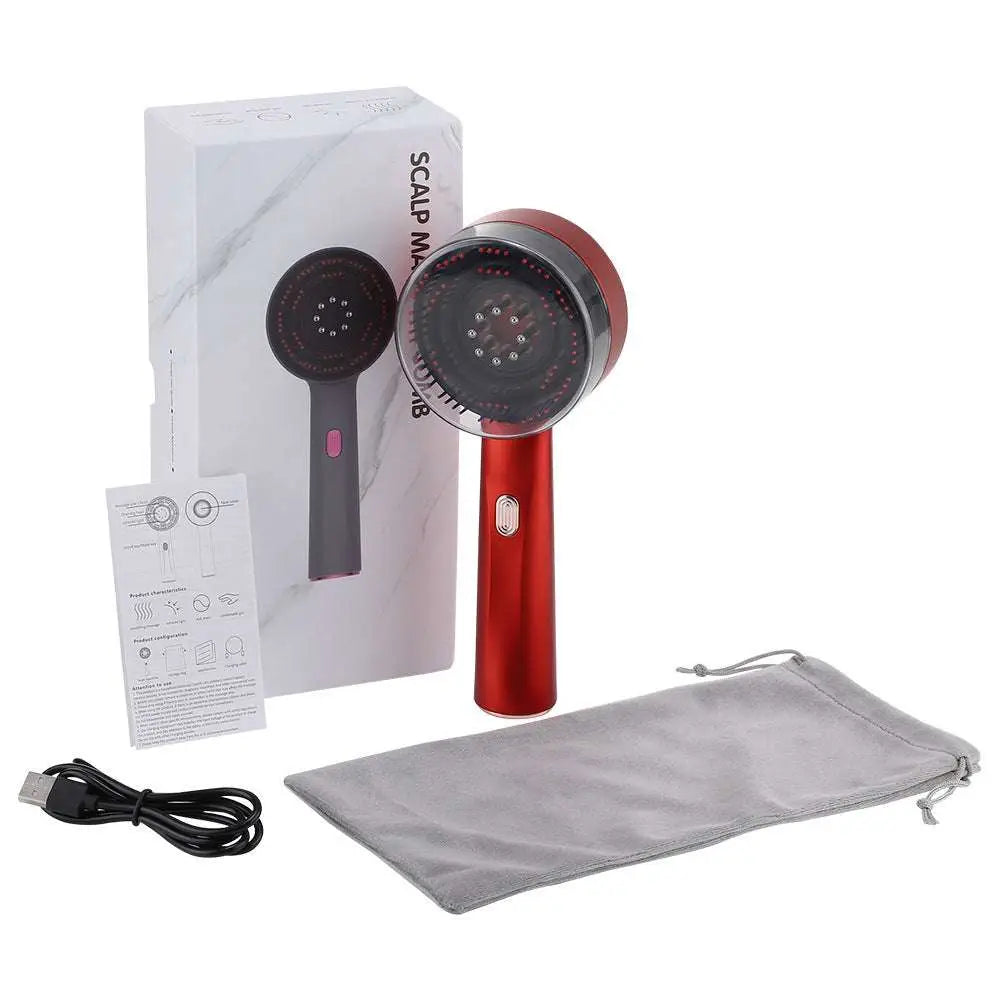 Red handheld scalp care massage device with circular led head and sleek metallic finish for red light scalp therapy