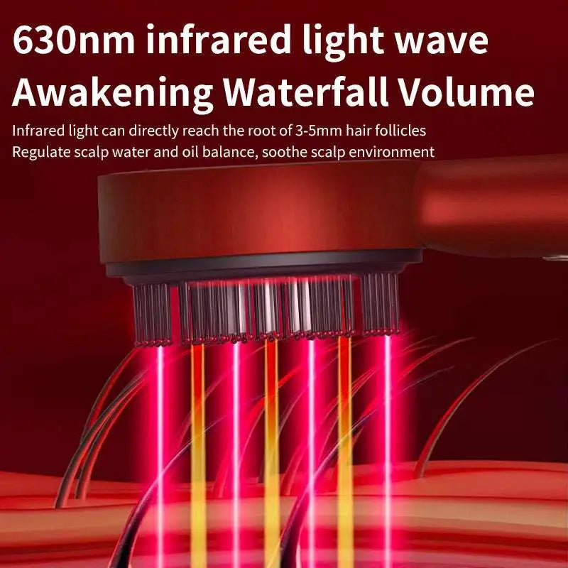 Red and black 630nm infrared light scalp care massage brush with vertical bristles emitting pink and yellow beams