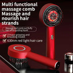 Red multi-functional massage comb with black bristles featuring glowing red light scalp therapy for scalp care massage