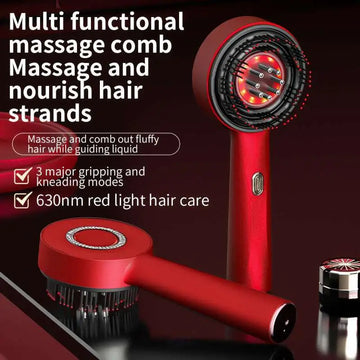 Red multi-functional massage comb with black bristles featuring glowing red light scalp therapy for scalp care massage