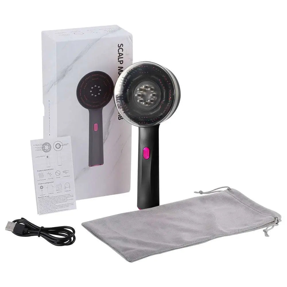Red light scalp care massage hair growth device handheld in black and pink with circular head and multiple massage nodes