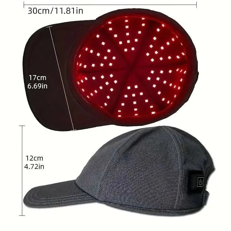 Black red light therapy baseball cap with red illuminated panels and denim-like fabric exterior light therapy cap