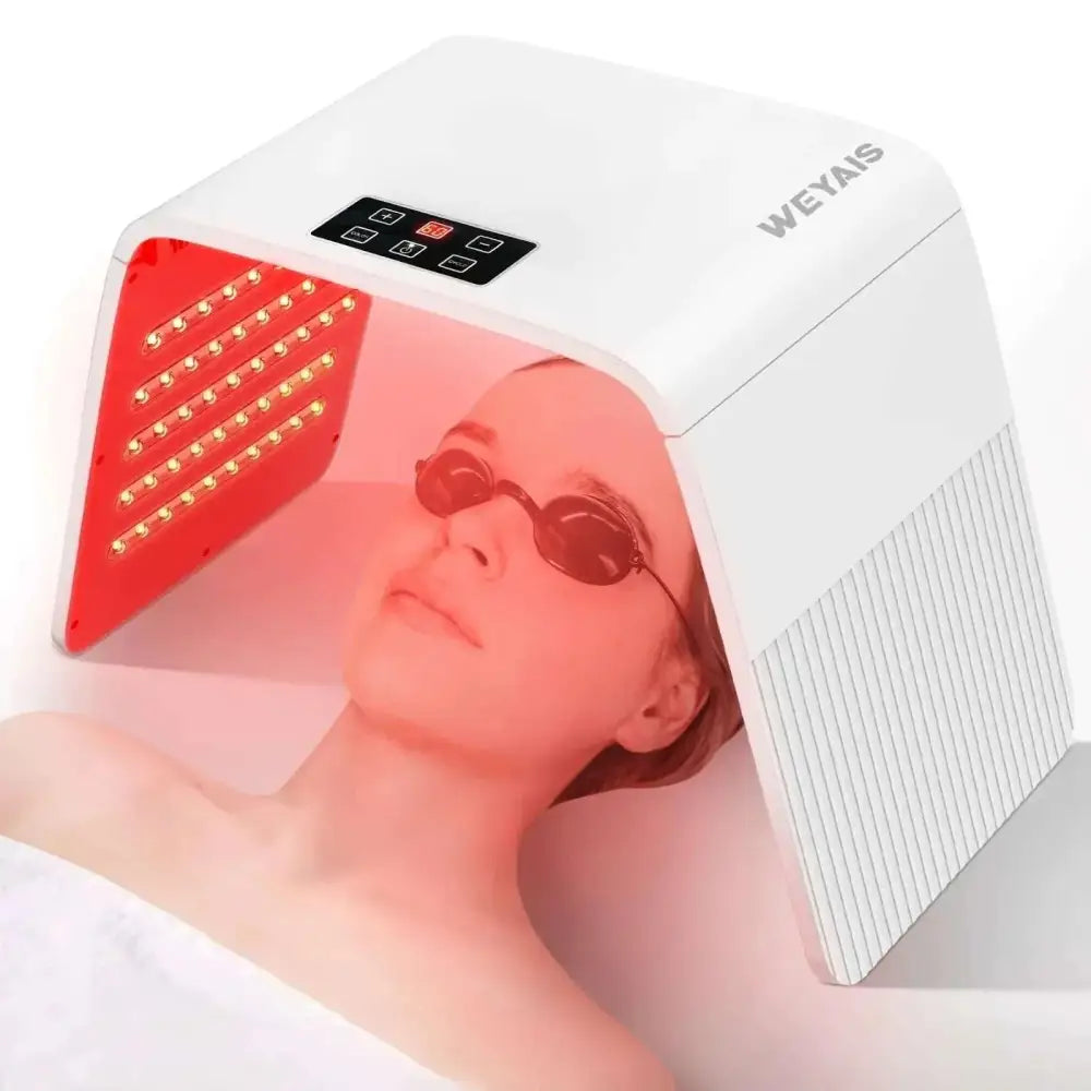 White weyais led therapy facial mask emitting red light for red light therapy skincare treatment
