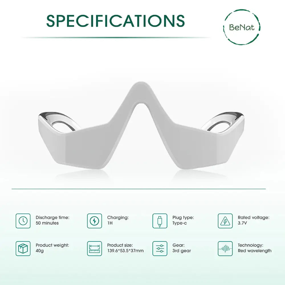 Benat white and silver v-shaped neck massager with vibration massage for red light therapy and light therapy glasses use