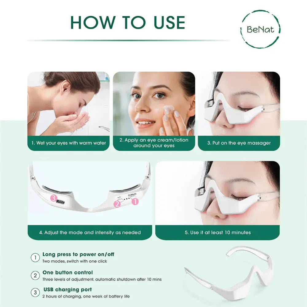 White benat eye massager with sleek angular design and usb port for red light therapy glasses and vibration massage