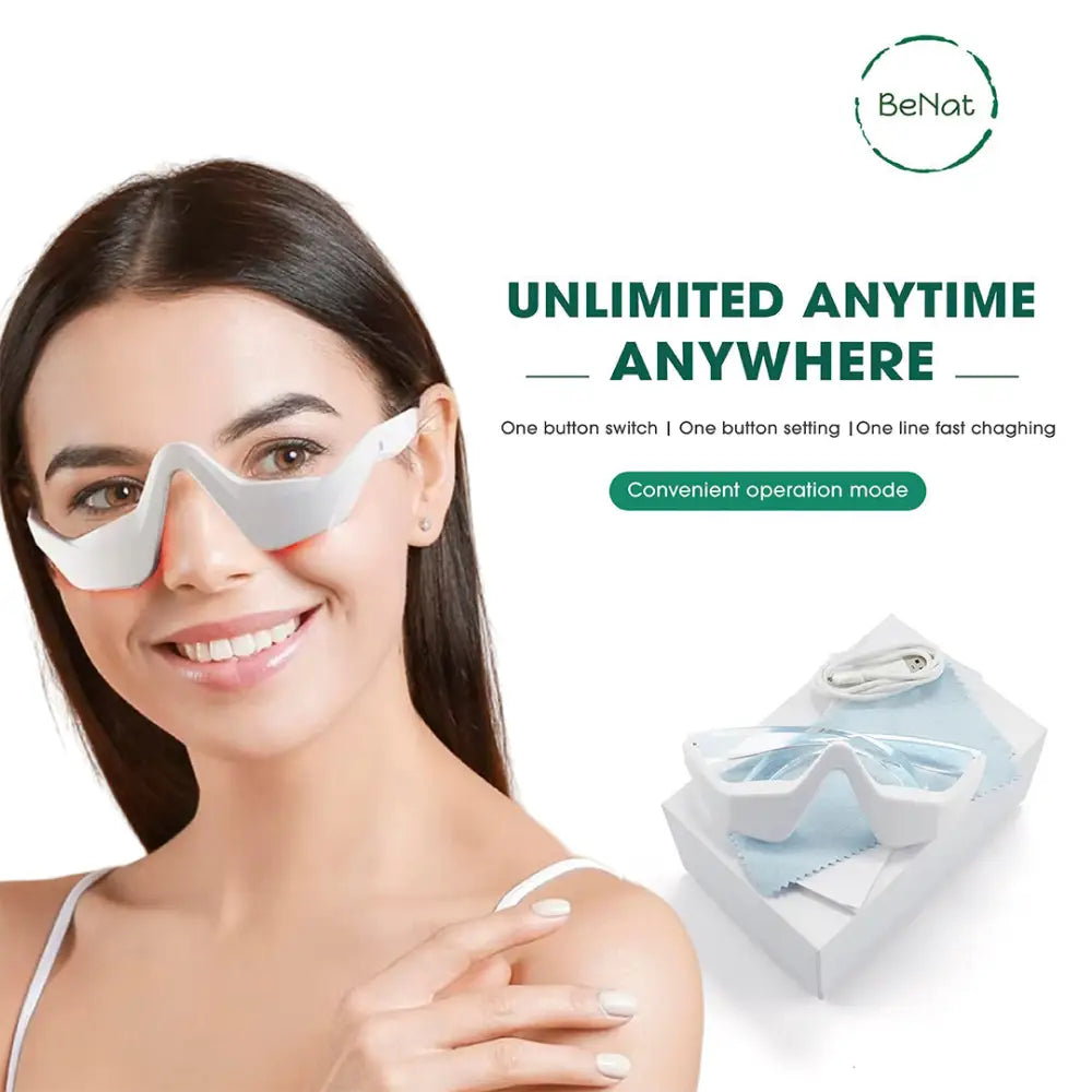 White benat red light therapy glasses with ergonomic design and soft silicone straps for vibration massage and dark circles