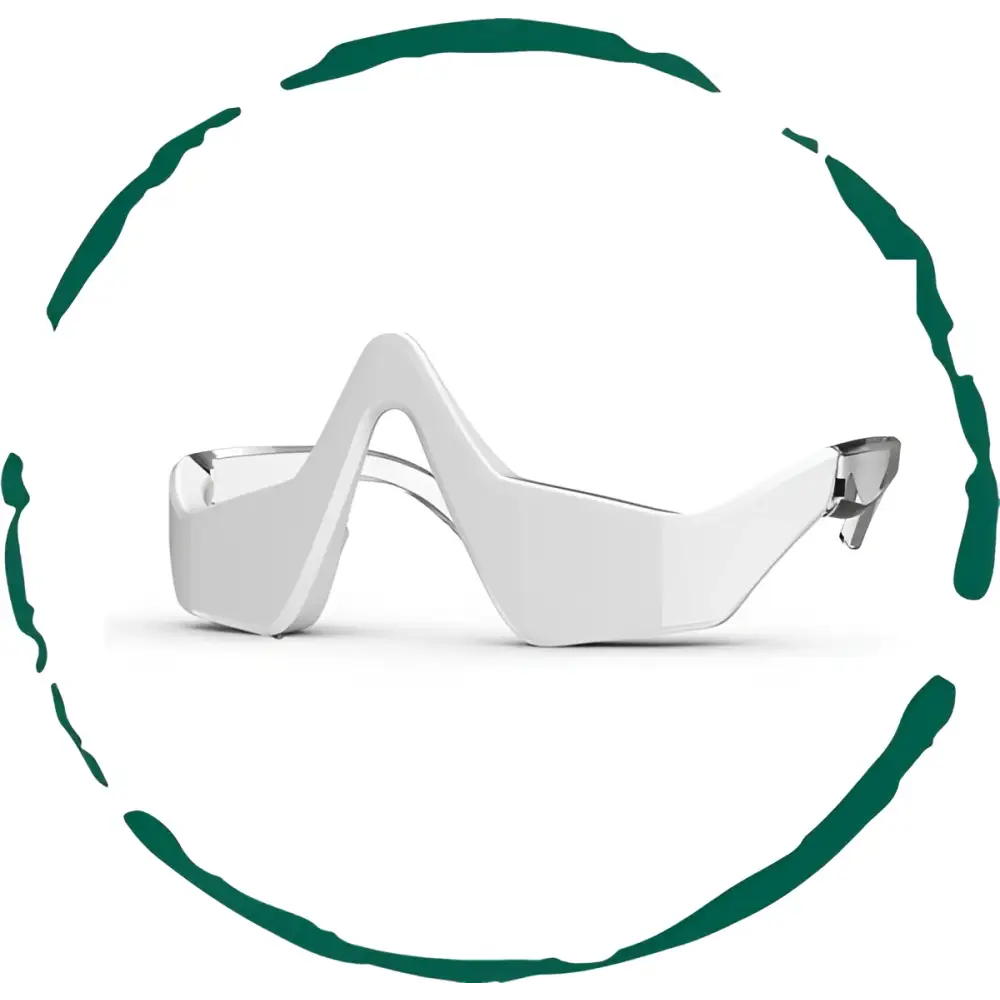 White and silver sleek modern red light therapy glasses with minimalist design for dark circles and vibration massage