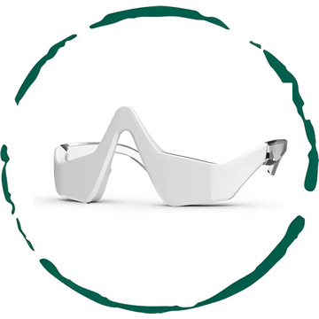 White and silver sleek modern red light therapy glasses with minimalist design for dark circles and vibration massage