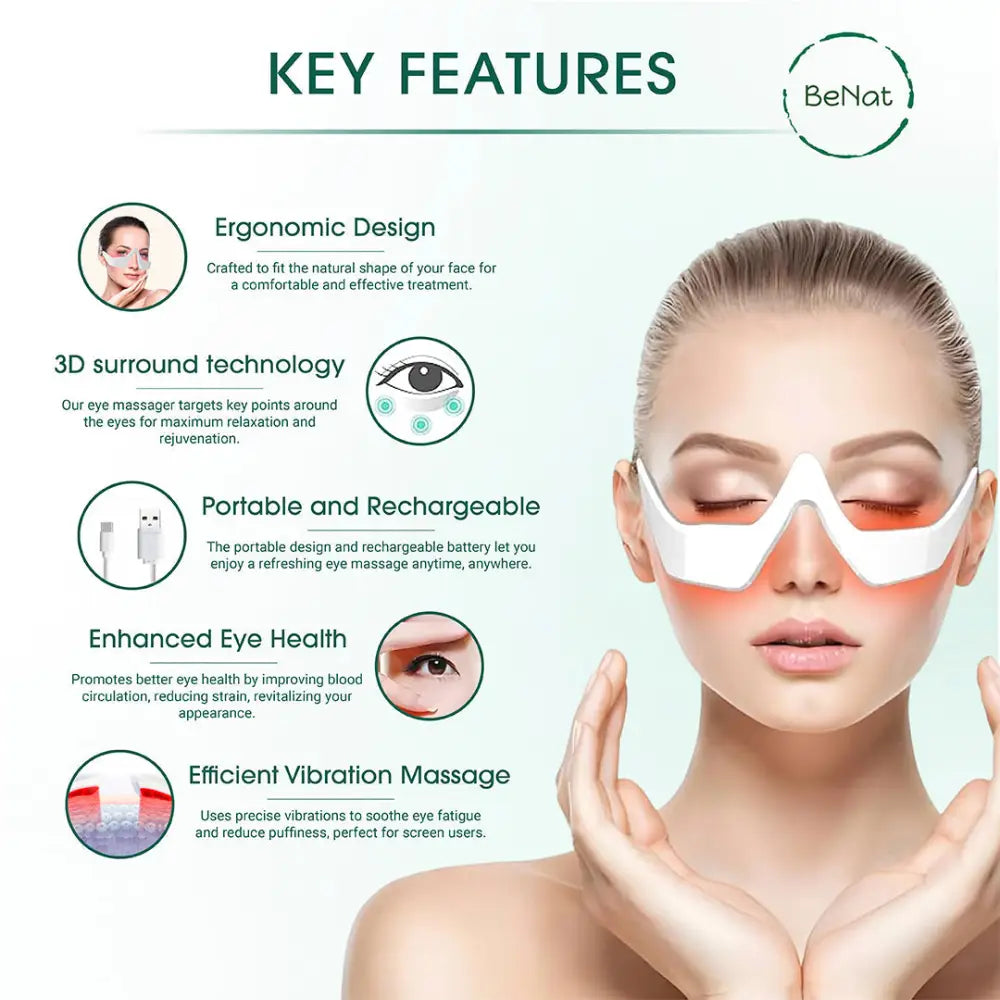 White benat red light therapy glasses with ergonomic design and 3d surround vibration massage for dark circles