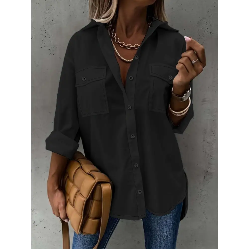 Black loose long sleeve button down shirt with two chest pockets and rolled sleeve lapel design