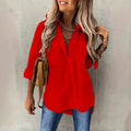 Vibrant red loose long sleeve lapel button down shirt with three-quarter sleeves and two chest pockets