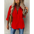 Red loose long sleeve lapel button down shirt with three quarter sleeves v neckline and two chest pockets