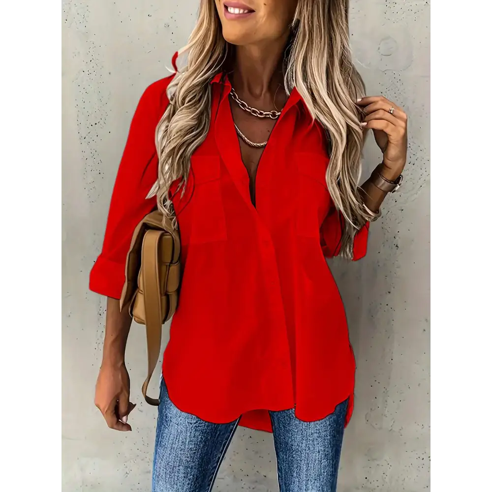 Red loose long sleeve lapel button down shirt with three quarter sleeves v neckline and two chest pockets