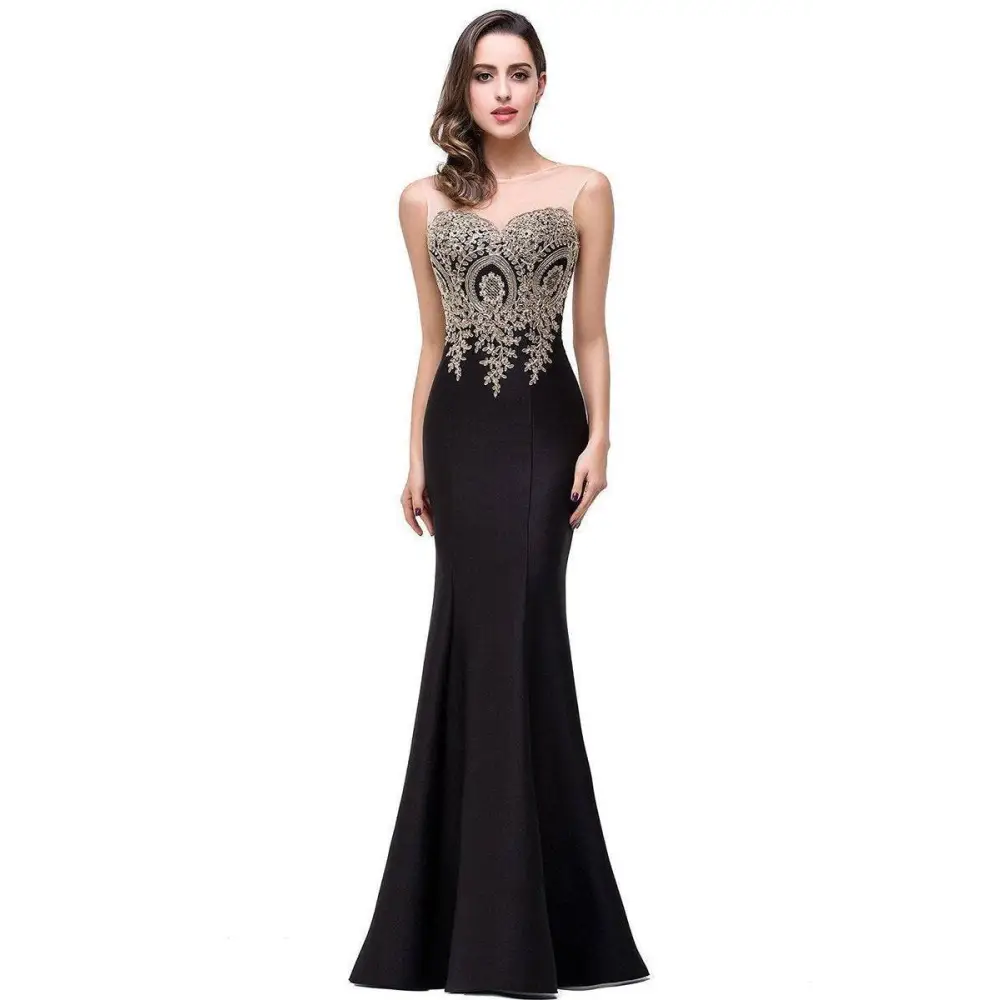 Black toe gown with intricate gold beading and embroidery across the bust for red mermaid bride events
