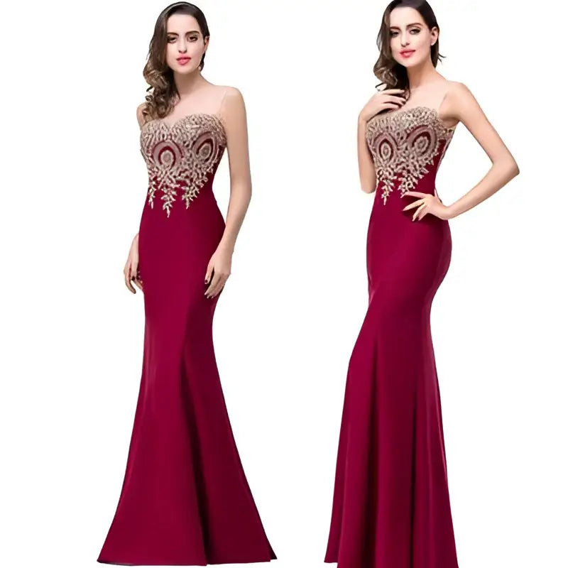A deep red mermaid bride toast gown featuring intricate gold beading along the bodice and neckline