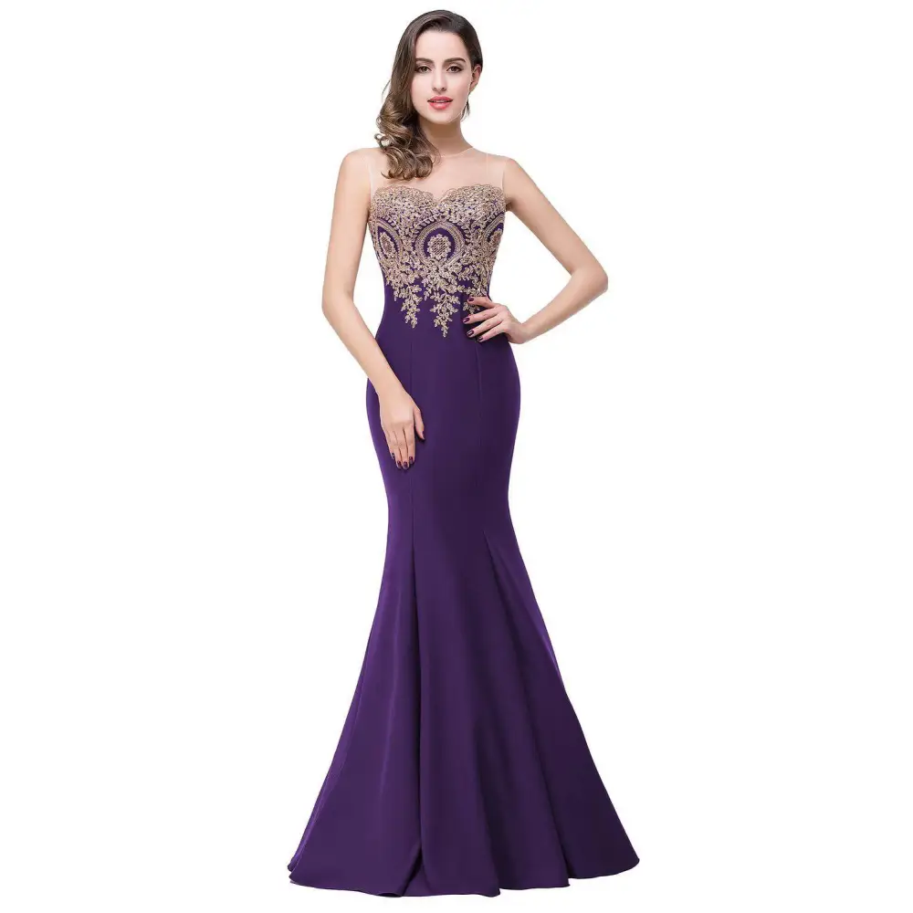 A deep purple red mermaid bride toast gown with intricate gold embroidery on a sheer bodice and thin straps