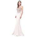 A sleek off-white red mermaid bride toast gown with a fitted bodice featuring intricate gold beading
