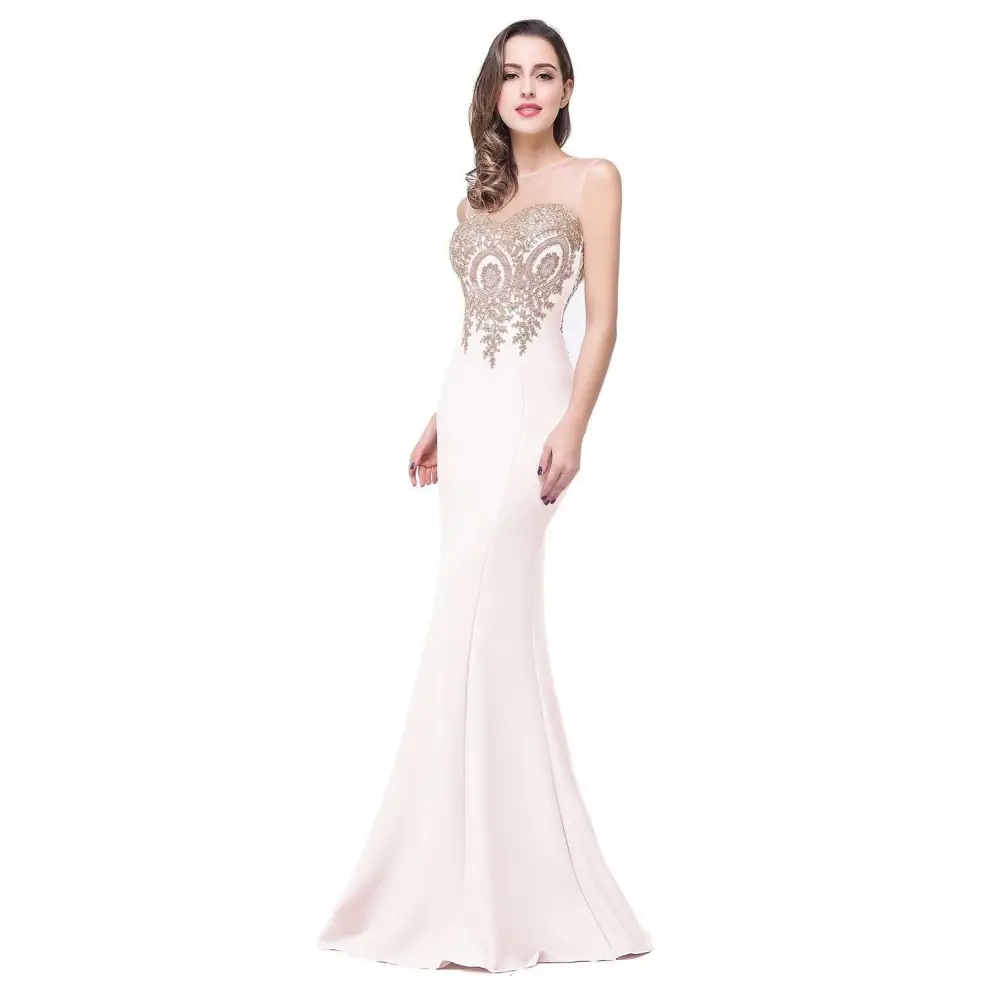 A sleek off-white red mermaid bride toast gown with a fitted bodice featuring intricate gold beading