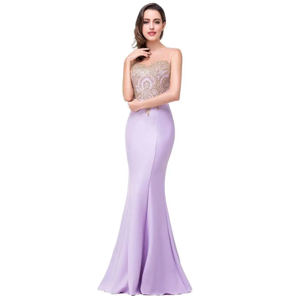 Lavender mermaid-style toast gown with intricate gold beading and a strapless satin bodice for a red mermaid bride