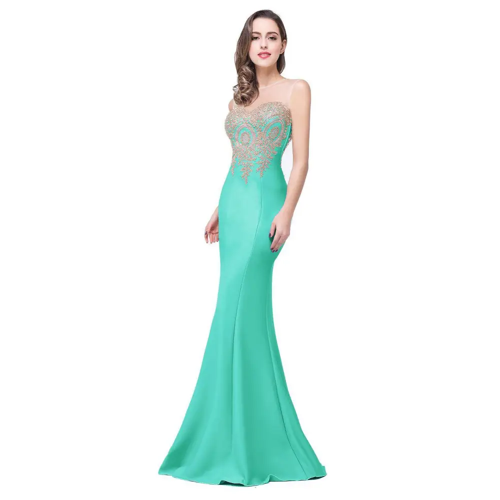 Teal mermaid-style toast gown with intricate gold embroidery on sheer bodice and smooth satin fabric for red mermaid bride