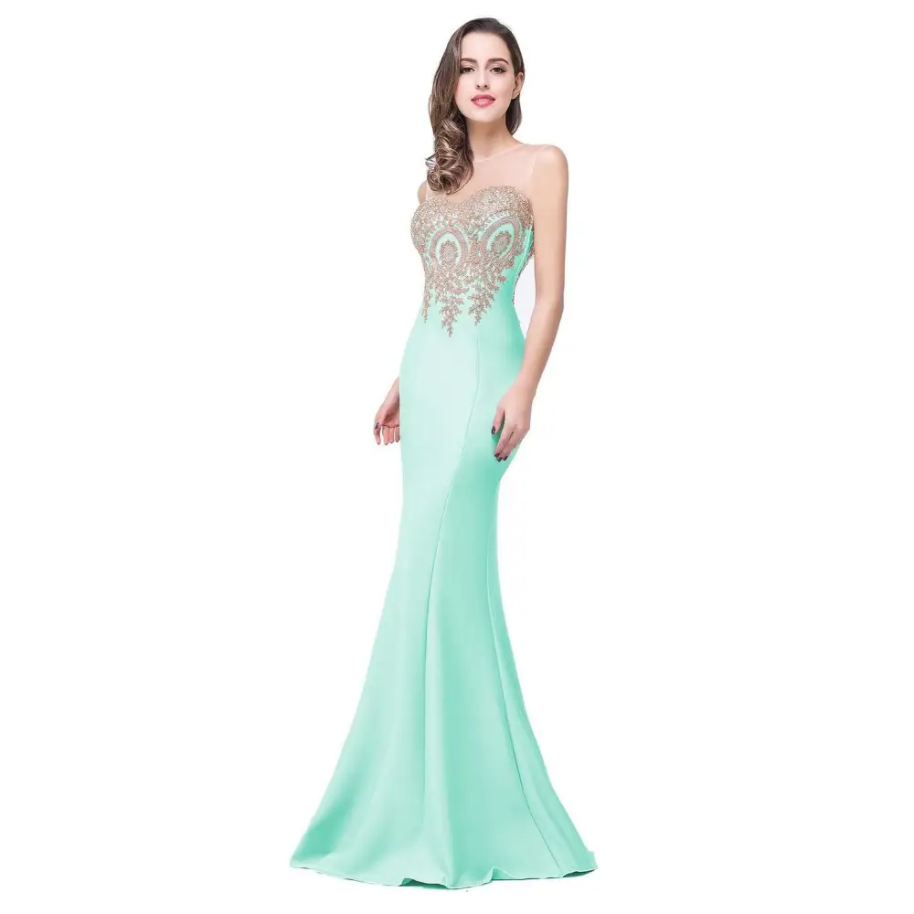 A sleek mint green red mermaid bride toast gown with a sheer bodice and intricate gold beading details