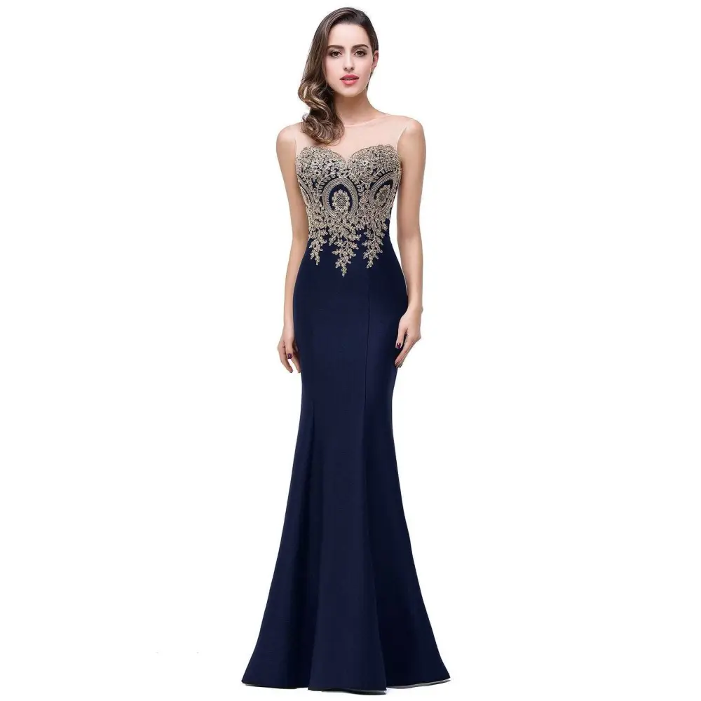 Navy blue toast gown with intricate gold beading on the bodice inspired by red mermaid bride designs