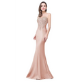 A sleek blush-pink satin red mermaid bride toast gown with intricate gold beading across the bodice