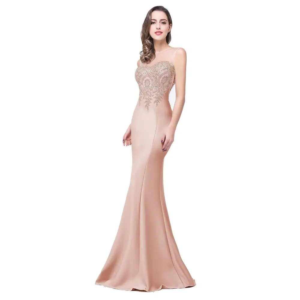 A sleek blush-pink satin red mermaid bride toast gown with intricate gold beading across the bodice