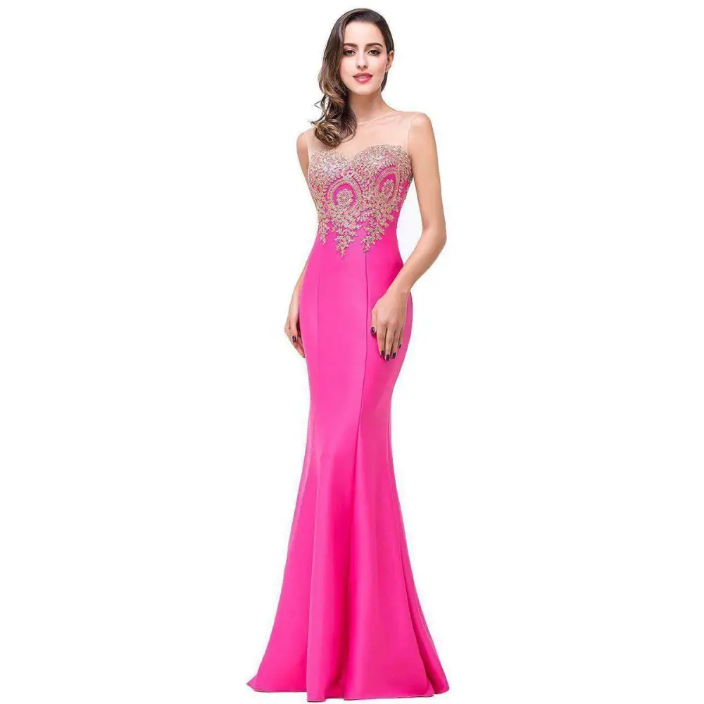 A vibrant fuchsia red mermaid bride toast gown with a strapless, intricate gold beaded bodice and pink embroidery