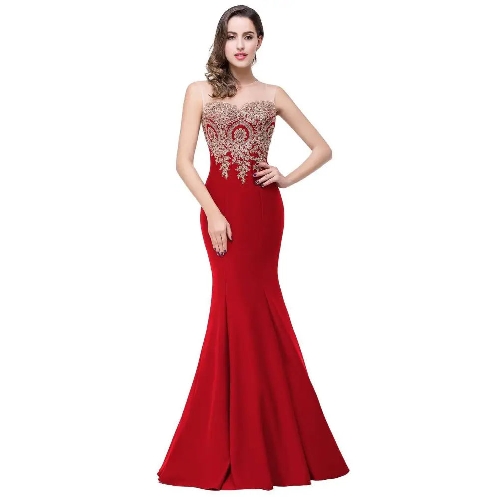 A red mermaid bride toast gown with intricate gold beading and a sheer gold-embellished bodice in sleek satin