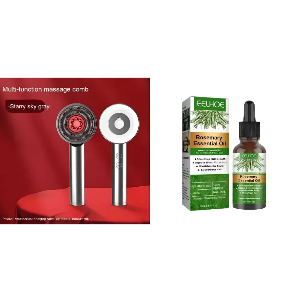 Red metallic multi function comb scalp massager with starry sky gray handle and red illuminated circular head
