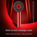Red metallic multi function comb scalp massager with sleek handle and circular head featuring embedded red led lights