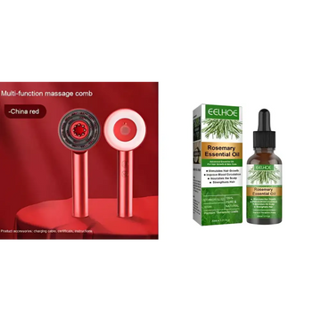 Red metallic multi function comb scalp massager with circular head and glowing red center for effective scalp care