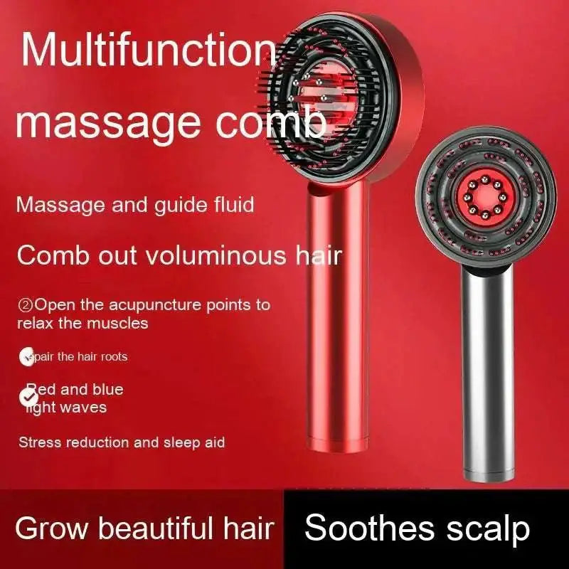 Red metallic multi function comb scalp massager with led lights for hair styling and scalp care