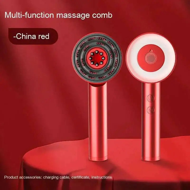 Red metallic multi function comb scalp massager with sleek finish and circular head featuring embedded massage nodes
