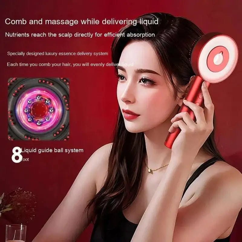 Red metallic multi function comb scalp massager with led lights and circular massage head in red and white design