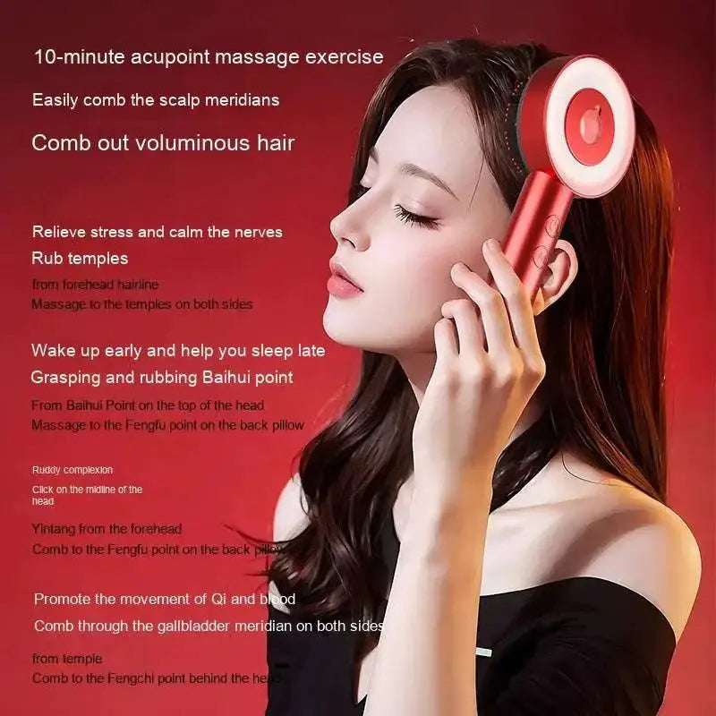 Red and white metallic multi function comb scalp massager with circular head and sleek cylindrical handle