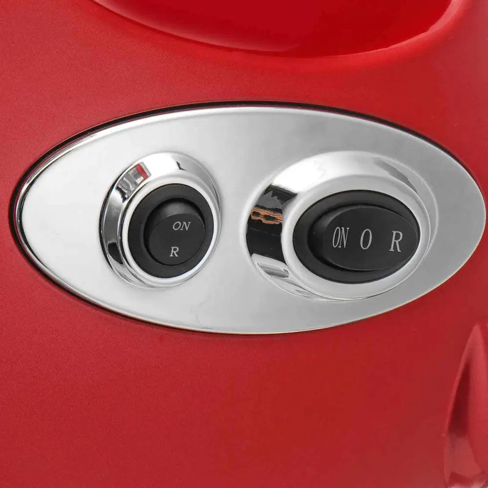 Red multifunctional meat grinder stainless steel with chrome control panel and two black push buttons on electric multifunctional meat grinder