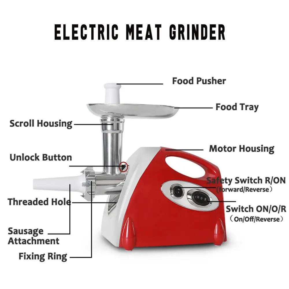 Red multifunctional meat grinder electric meat grinder stainless steel with red and white body and stainless steel components