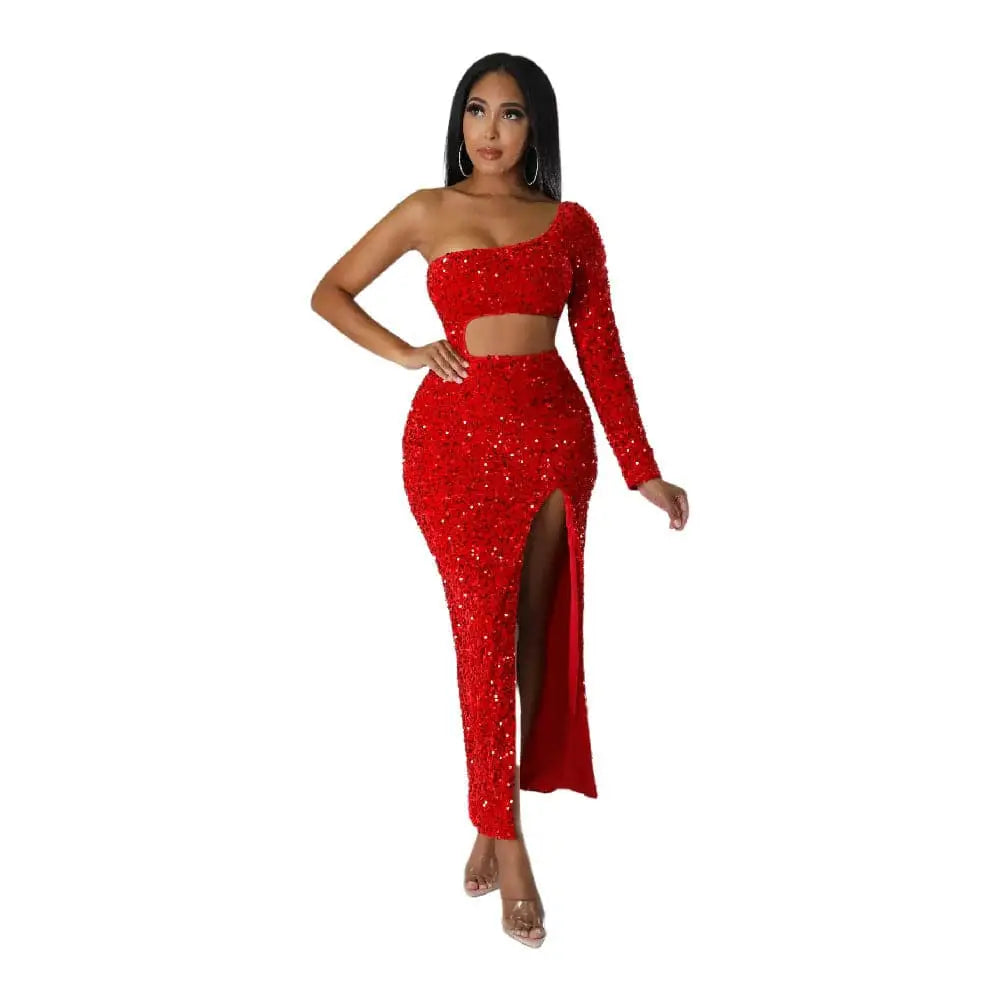 A dazzling red one-shoulder crop two-piece set with fashionable sequins sexy detailing and a high navel split slit