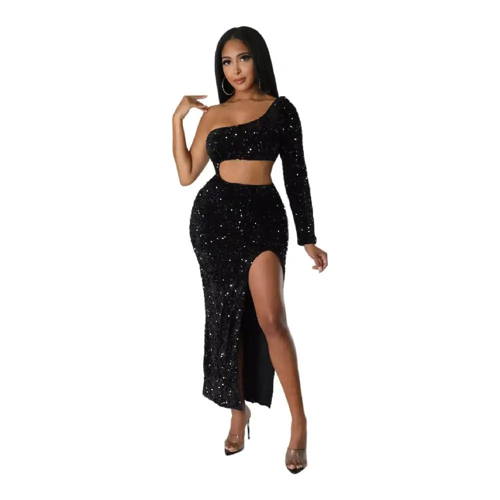 Black sequined fashionable sequins sexy one-shoulder crop two-piece outfit with sexy navel split and high slit