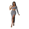 Shimmering silver fashionable sequins sexy one-shoulder crop top with long sleeves and sexy navel split pencil skirt
